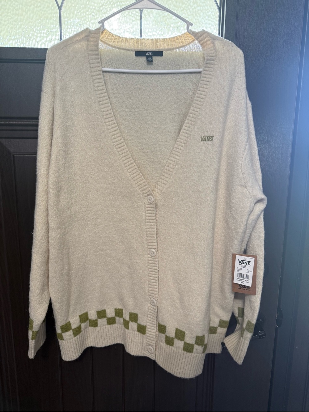 Vans Cream Knit Cardigan with Olive Checker Hem